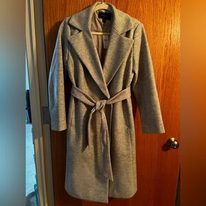 Herringbone Wrap Belted Long Coat - light gray XS Ann Taylor Factory.
